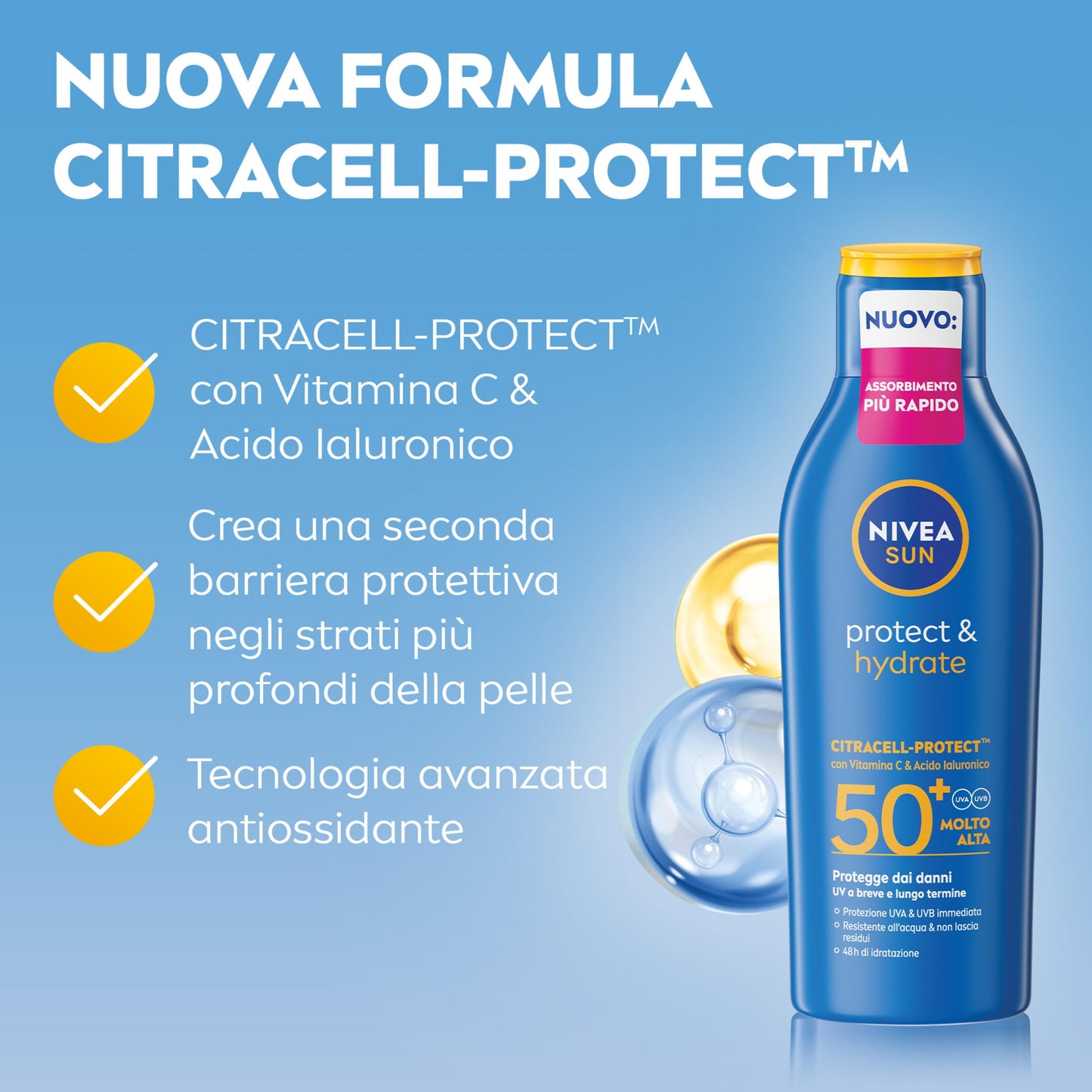 NIVEA SUN Protect & Hydrate SPF 50+ 200 ml, Crema solare 50+ idratante 48h ad assorbimento rapido, Protezione solare 50+ resistente all'acqua arricchita con Vitamina C e Acido Ialuronico