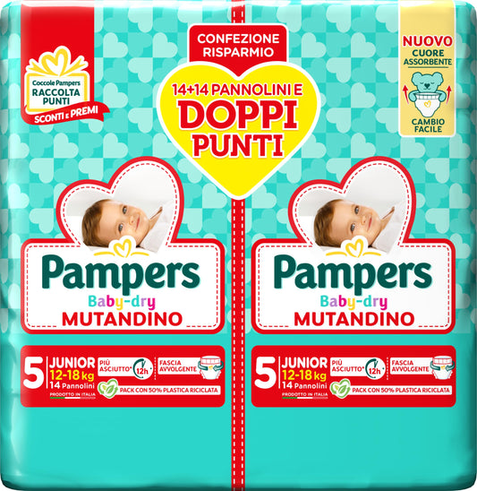 Pampers Baby Dry Mutandino Junior, Pacco Doppio DWCT, Taglia 5 (12-18 kg), 28 Pannolini