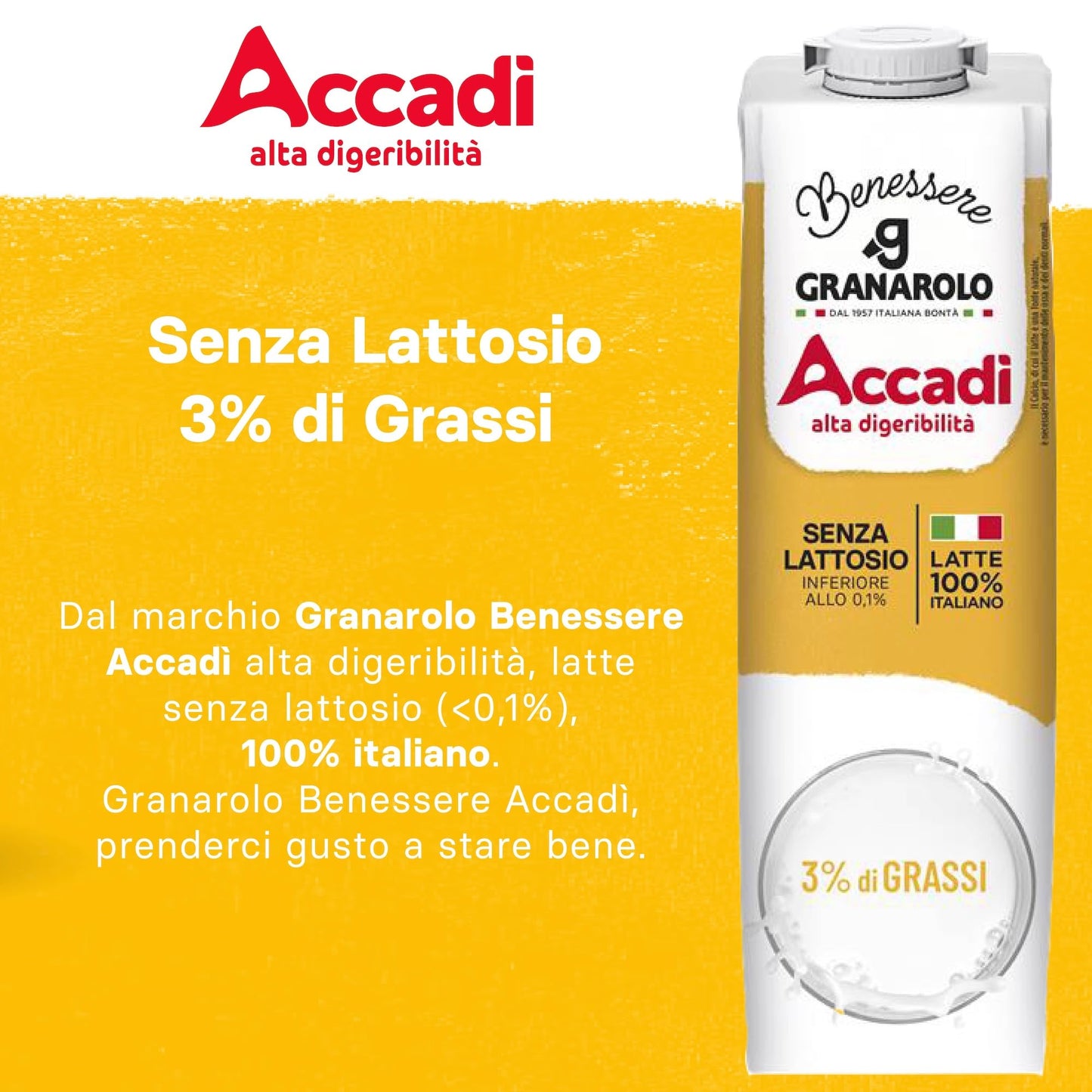 Granarolo, Latte UHT Accadì da 1 Litro, 6 Confezioni di Latte 100% Italiano Senza Lattosio (<0,1%) e con 3% di Grassi