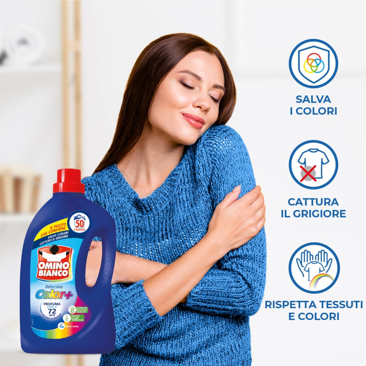 Omino Bianco - Detersivo Lavatrice Liquido Color+ Specifico per Capi Colorati Tecnologia Salva i Colori e Cattura il Grigiore 50 Lavaggi 2L - 5 Flaconi