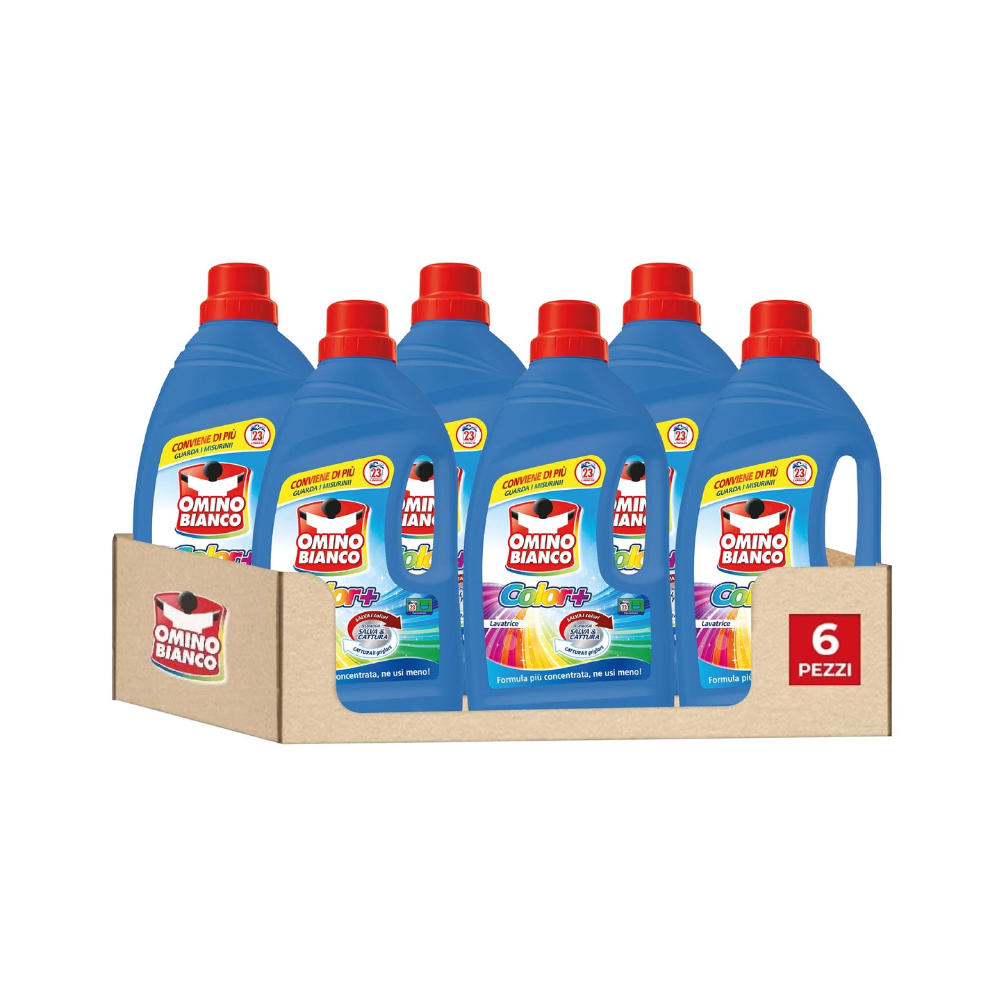 Omino Bianco - Detersivo Lavatrice Liquido Color+, 138 Lavaggi, Specifico per Capi Colorati, Tecnologia Salva i Colori e Cattura il Grigiore, 1150 ml x 6 Confezioni