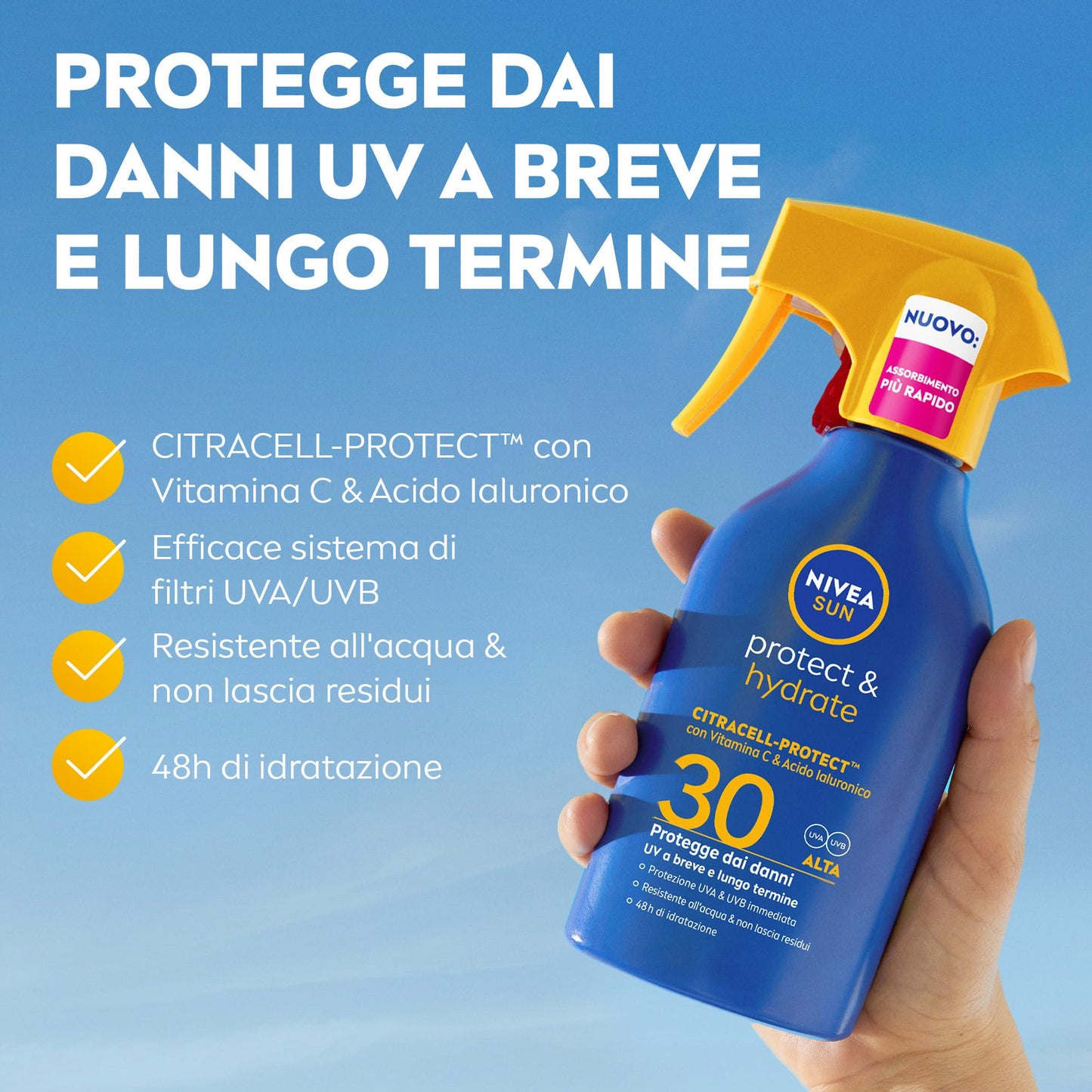 NIVEA SUN Protect & Hydrate Maxi Spray Solare SPF 30 270 ml, Crema solare 30 spray idratante 48h ad assorbimento rapido, Protezione solare 30 resistente all'acqua con Vitamina C e Acido Ialuronico