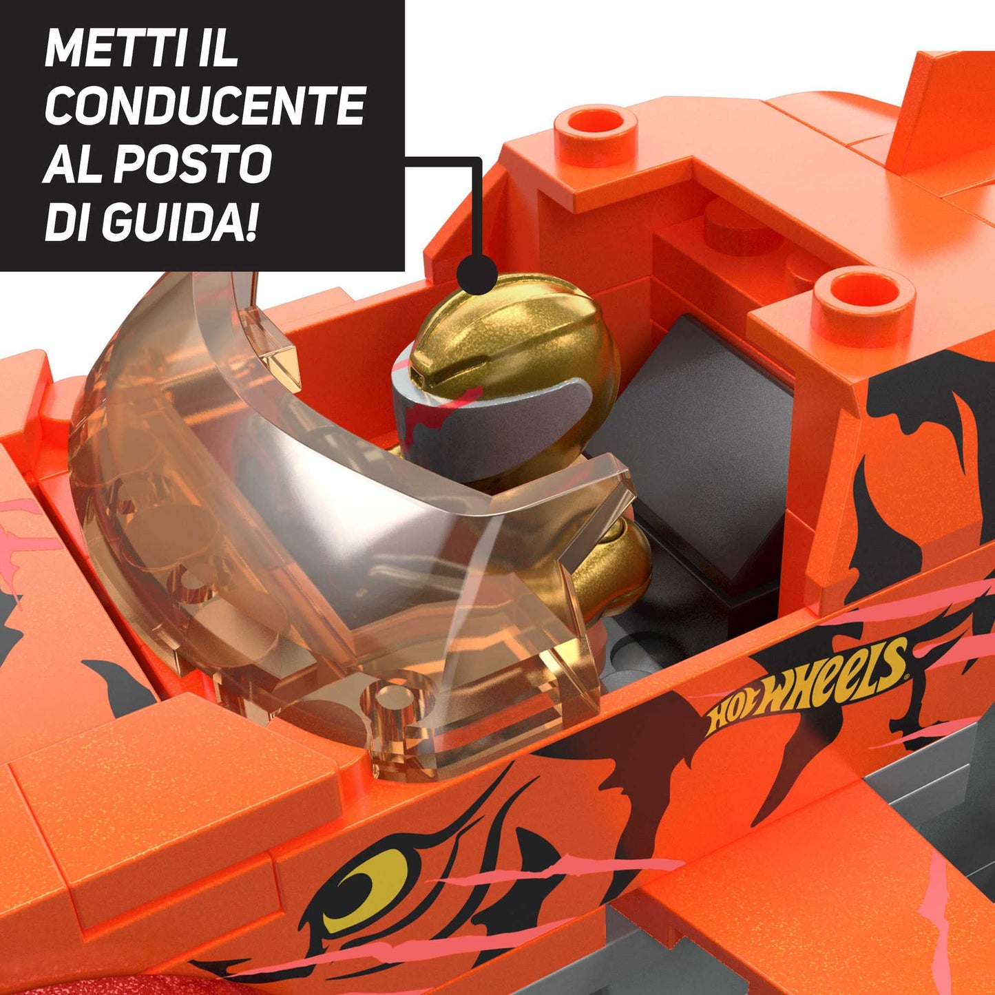 MEGA Hot Wheels - Tiger Shark Super Scontri, set da costruire da 226 pezzi, con cofano che si stacca all'impatto e 1 personaggio pilota snodato incluso, giocattolo per bambini, 5+ anni, HKF88