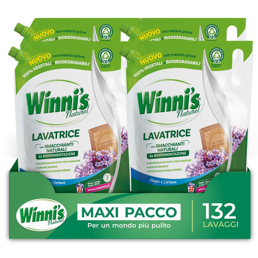Winni’s - Detersivo Lavatrice Ipoallergenico Ecoformato, 132 Lavaggi, Aleppo e Verbena, con Smacchianti Naturali da Biofermentazione e Materie Prime di Origine Vegetale, 1485mlx4 Confezioni