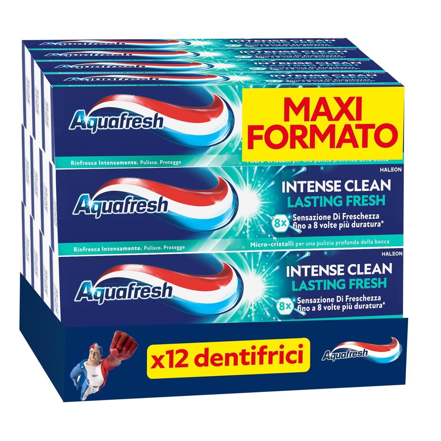 Aquafresh Dentifricio Intense Clean Lasting Fresh, Sensazione di Freschezza 8 volte più duratura, Pulizia Profonda, Pacco da 12 x75ml