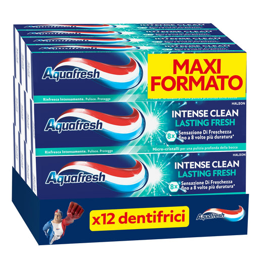 Aquafresh Dentifricio Intense Clean Lasting Fresh, Sensazione di Freschezza 8 volte più duratura, Pulizia Profonda, Pacco da 12 x75ml