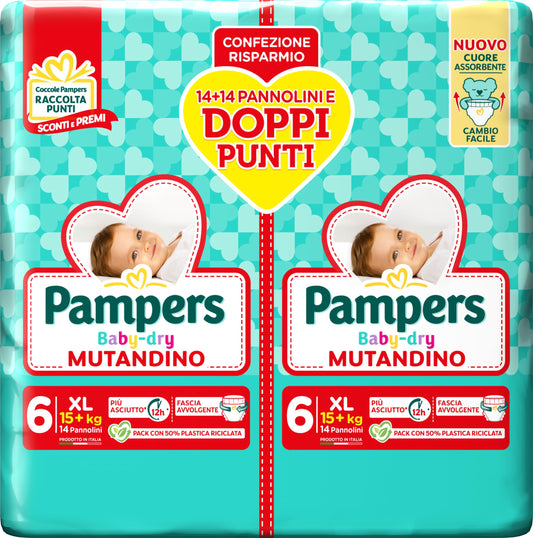 Pampers Baby Dry Mutandino Extralarge, Pacco Doppio DWCT, Taglia 6 (15+ kg), 28 Pannolini