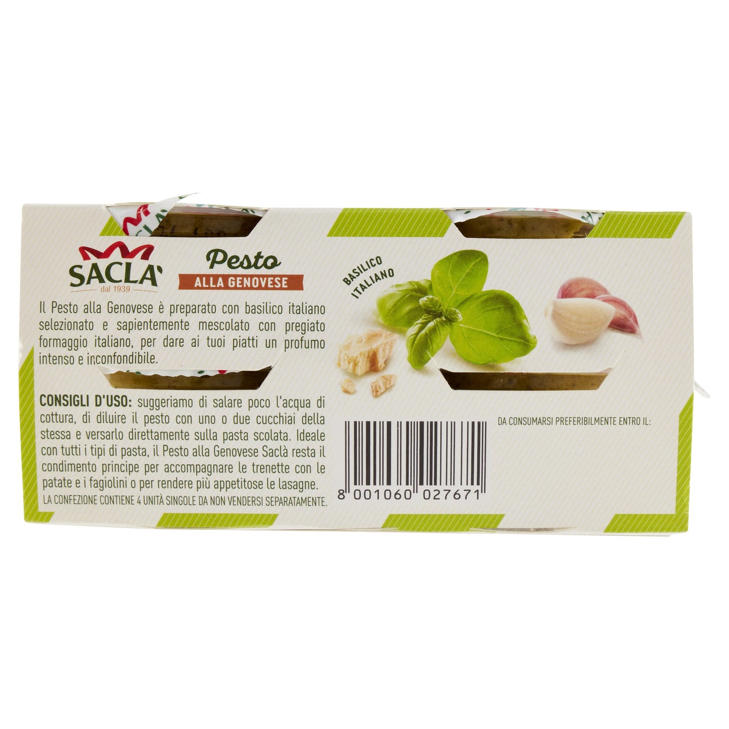 Saclà, Pesto alla Genovese 4xME, Condimento per Pasta e per Arricchire i Tuoi Piatti, con Basilico Italiano, 4 Monoporzioni da 45g, 180g, Confezione da 6 pezzi