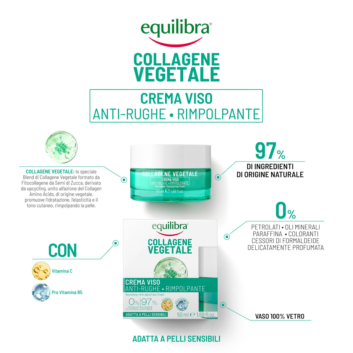 Equilibra, Collagene Vegetale Crema Viso Anti-rughe Rimpolpante, 50 ml , con Fitocollagene da Semi di Zucca e Collagen Amino Acids, Vitamina C, Pro-vitamina B5, Dermatologicamente Testato