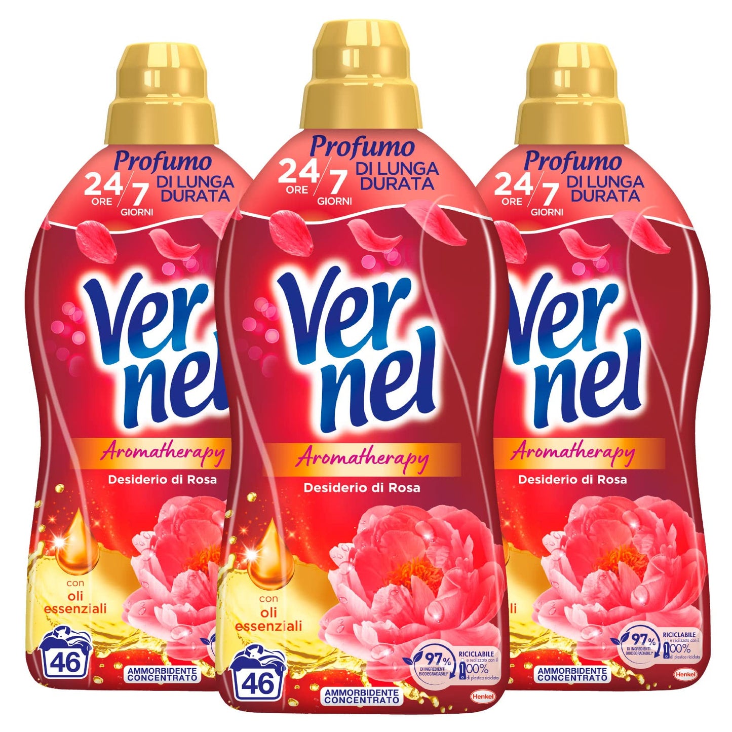 Vernel Ammorbidente Concentrato Aromatherapy Fragranza Desiderio di Rosa per Lavatrice Bucato Profumato e Capi Morbidi e Soffici - 3 Flaconi da 1,15 Litri