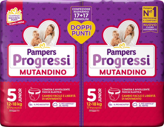 Pampers Progressi Mutandino Junior, Pacco Doppio, Taglia 5 (12-18 kg), 34 Pannolini