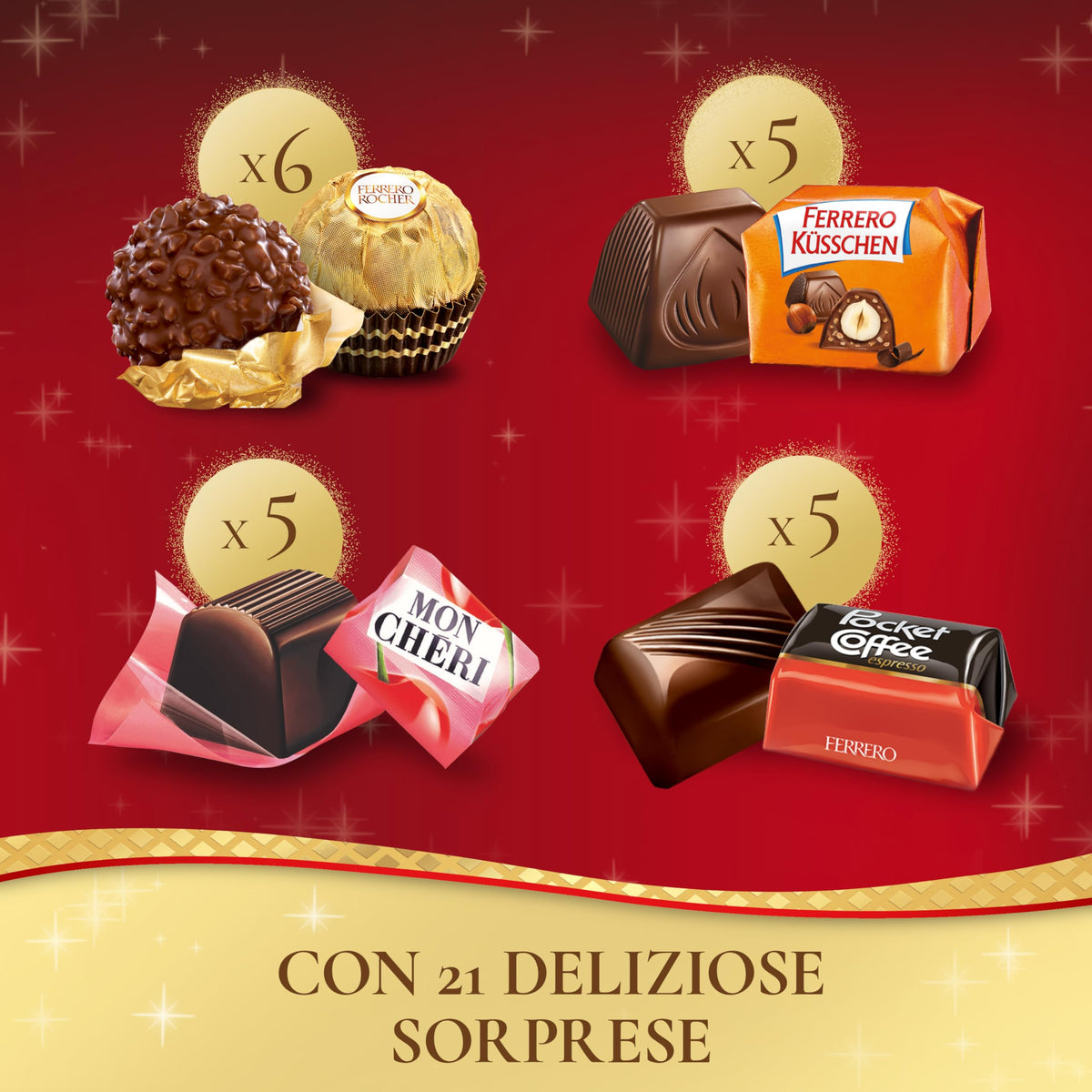 Ferrero Prestige, Calza befana con 21 specialità, Ferrero Rocher, Mon Chér, Pocket Coffee e Ferrero Küsschen, Idea Regalo Epifania, Confezione da 234 gr