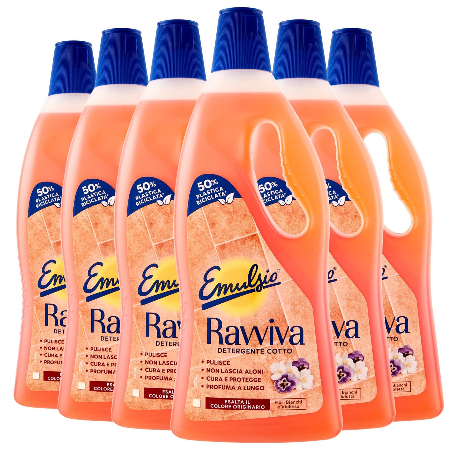 Emulsio Ravviva Cotto Detergente Pavimenti per Cotto Tradizionale o Moderno Ardesia Pietre Naturali Porose Formula Protettiva Profumo di Fiori Bianchi e Violetta a Lunga Durata - 6 Flaconi da 750ml