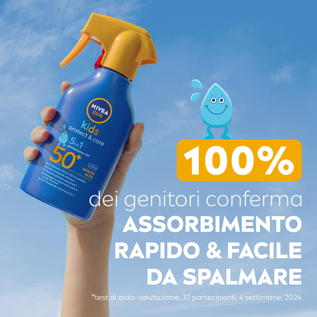 NIVEA SUN Kids Maxi Spray Protect & Care SPF 50+ 270 ml, Crema solare 50 bambini 3+ anni, Protezione solare 50 bambini spray extra resistente all'acqua e al sudore con Pantenolo, Vitamina C & E