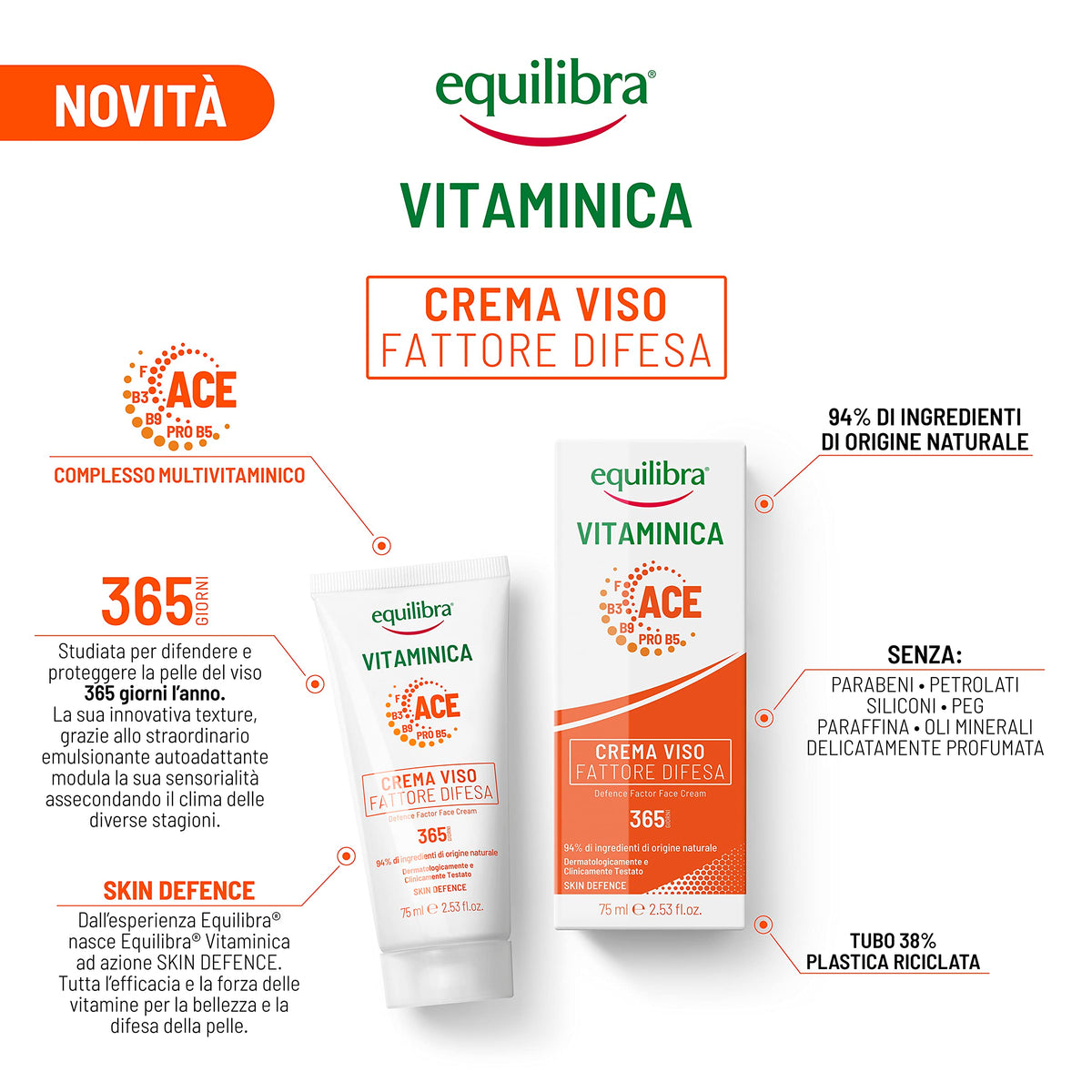 Equilibra Viso, Vitaminica, Crema Fattore Difesa, con Complesso Multivitaminico, Oli di Carota e Mango, Estratto del Litchi, Difende e Protegge la Viso 365 Giorni L'anno, 75 ml