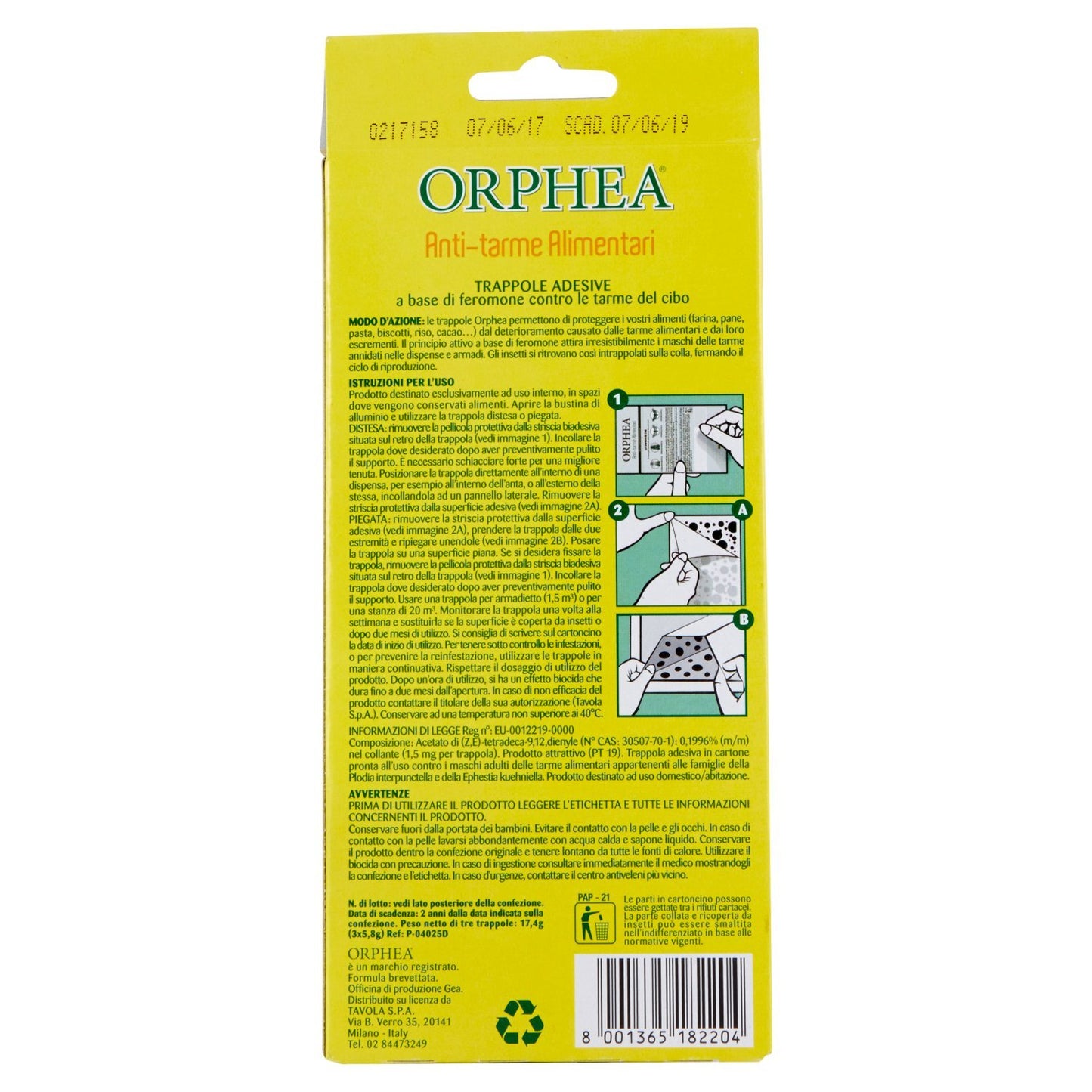 Orphea, Antitarme Alimentare, Elimina le Farfalline del Cibo e ne Previene lo Sviluppo, Senza Insetticida, Inodore Azione Naturale, 3 Trappole Adesive
