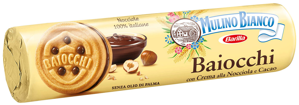 Mulino Bianco Biscotti Baiocchi con Crema alla Nocciola e Cacao per Colazione e Snack Dolce per la Merenda - 168 gr