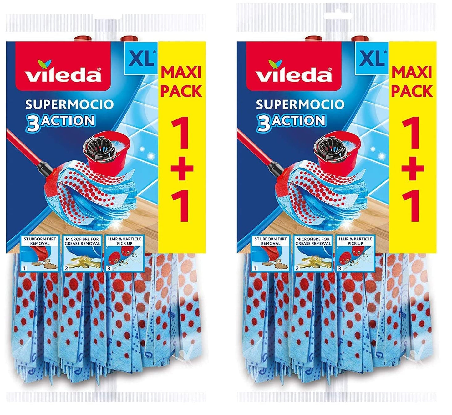 Vileda, SuperMocio 3 Action, confezione da 4, testa di ricambio per mocio, in microfibra, blu