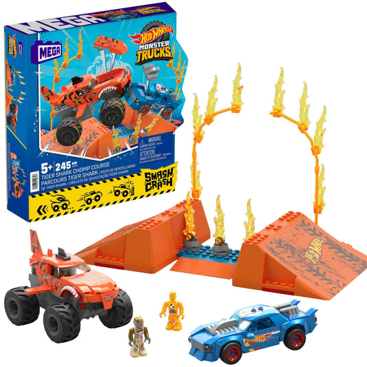 MEGA Hot Wheels - Tiger Shark Super Scontri, set da costruire da 226 pezzi, con cofano che si stacca all'impatto e 1 personaggio pilota snodato incluso, giocattolo per bambini, 5+ anni, HKF88