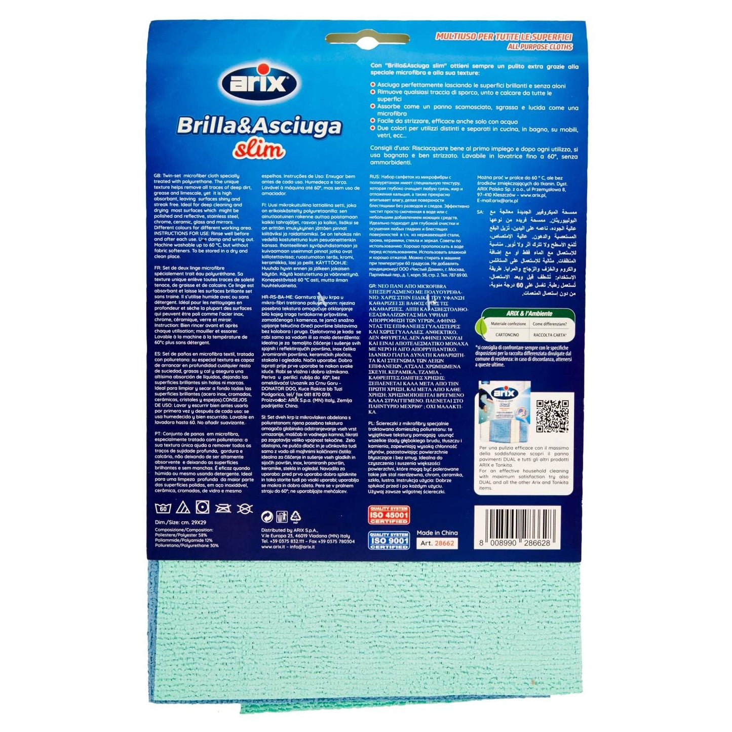 ARIX | 2 Panni Brilla&Asciuga slim, 29x29 cm, Panno Multiuso per Tutte le Superfici, Asciuga Senza Aloni, Riumove Lo Sporco In Profondità, Panno Cucina Assorbente - 2 Pezzi