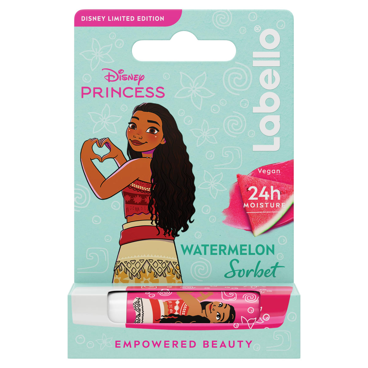 Labello Disney Princess Limited Edition Watermelon Shine 4.8 g, Balsamo labbra colorato con Vaiana di Oceania, Burrocacao bambina 3+ idratante 24h, Burrocacao labbra lip balm con aroma di Anguria