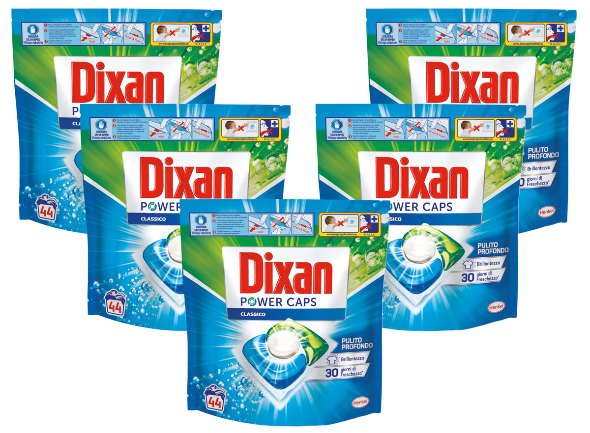 Dixan Power Caps Classico, Detersivo Lavatrice in Capsule, Confezione da 5 x 44 lavaggi