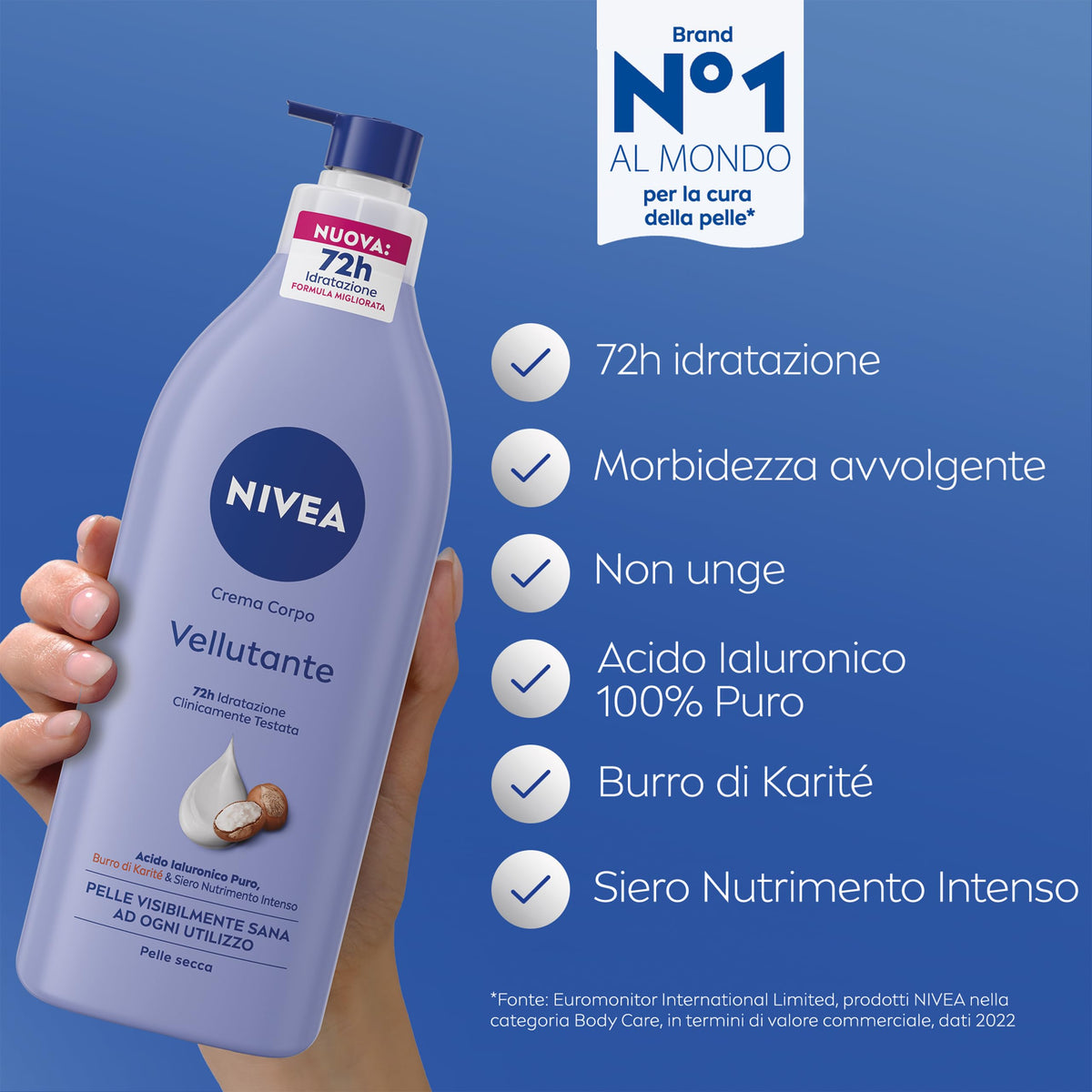 NIVEA Crema Corpo Vellutante 500 ml, Crema idratante corpo 72h arricchita con Acido Ialuronico Puro, Burro di Karité e Siero Nutrimento Intenso, Crema corpo idratante pelle secca