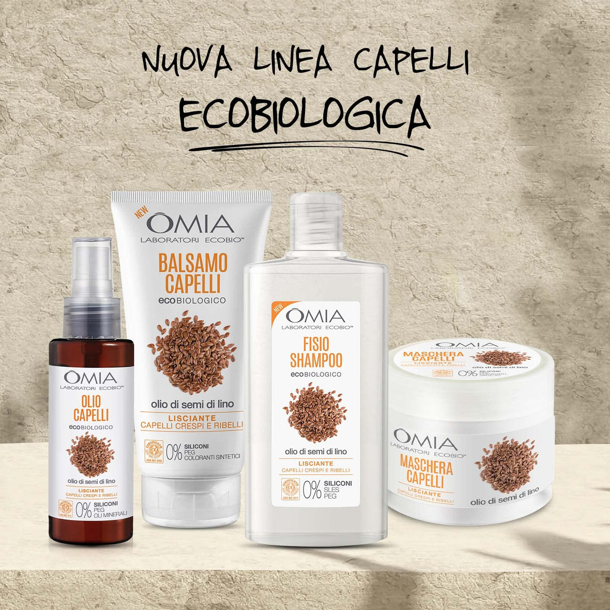 Omia, Balsamo Capelli Eco Bio con Olio di Semi di Lino, Per Capelli Crespi, Lisciante e Disciplinante, Adatto ad un Uso Frequente, Senza Siliconi, Dermatologicamente Testato - Flacone da 180 ml