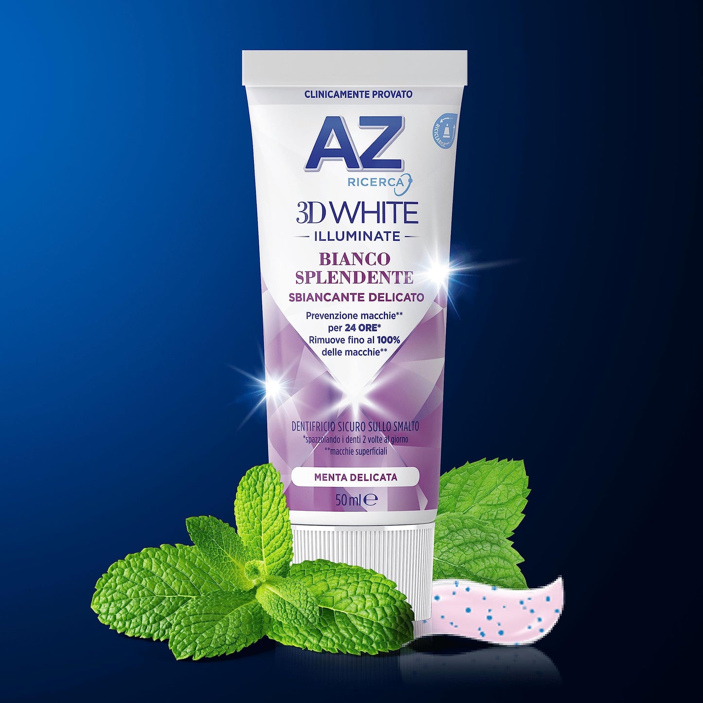 AZ Ricerca DENTIFRICIO 3D White Illuminate Bianco Splendente, SBIANCANTE DELICATO, RIMUOVE Fino al 100% delle MACCHIE Superficiali, Confezione SINGOLA da 50ml, Gusto MENTA DELICATA