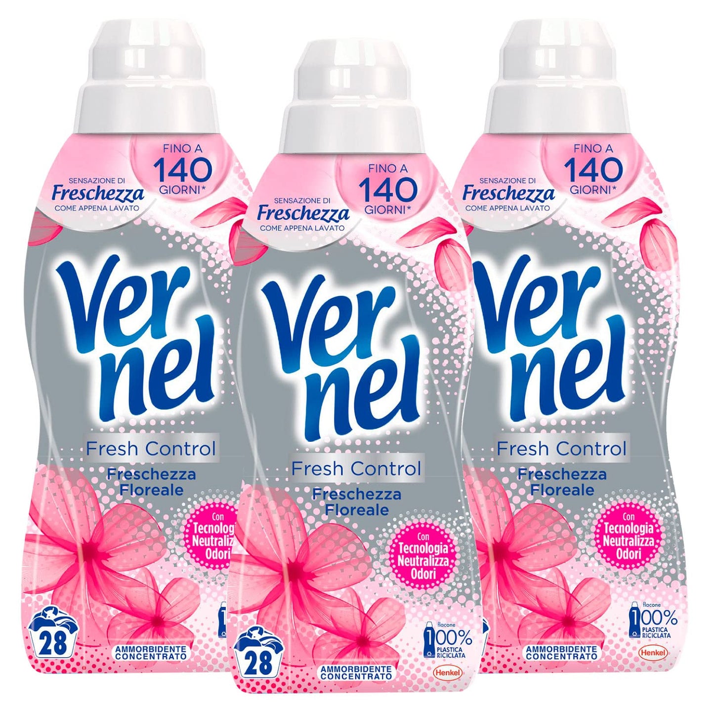Vernel Fresh Control Freschezza Floreale Ammorbidente Liquido Concentrato con Tecnologia Neutralizza Odori e Tappo Dosatore Per Tessuti Misti e Sintetici - 3 Flaconi da 700ml