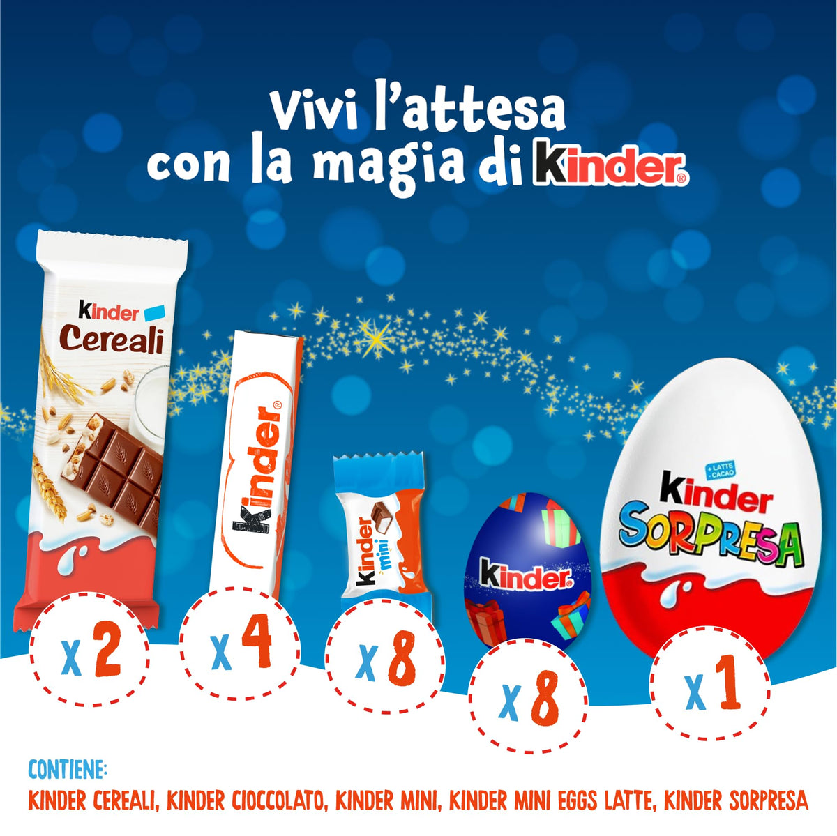Kinder Tombola - 23 Snack Dolci al Cioccolato Assortiti con Cartelle e Tabellone Idea Realo e per Feste in Avvento, a Natale e Capodanno, 205 grammi