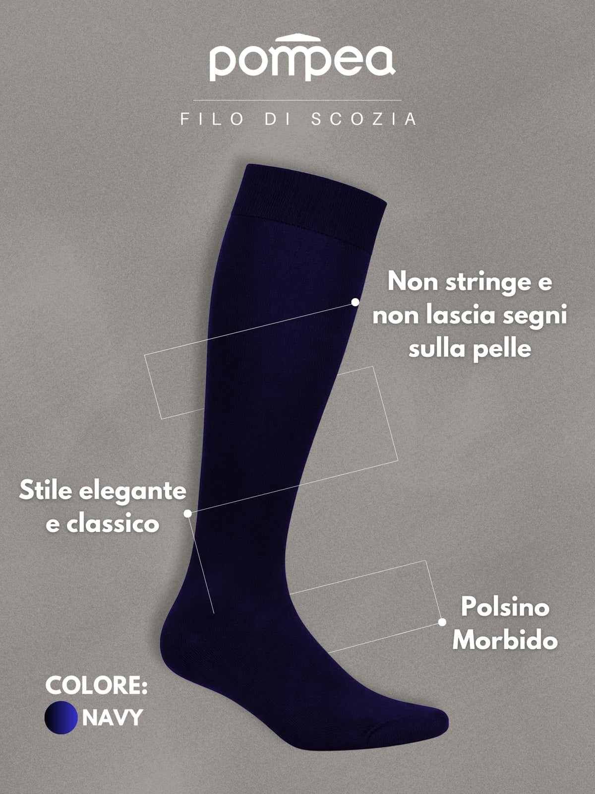 POMPEA Calzino Uomo Lungo in Cotone Filo di Scozia Liscio, Polsino Elastico