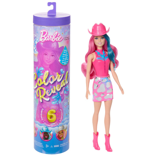 Barbie - Color Reveal Serie Country Chic, bambola a sorpresa con corpetto scintillante metalizzato e 6 accessori inclusi, effetto cambia colore, giocattolo per bambini, 3+ anni, JCP01
