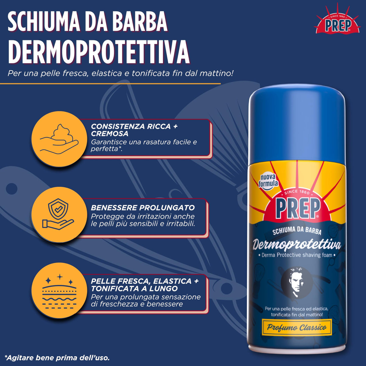 Prep, Schiuma da Barba Dermoprotettiva, Rasatura Facile e Perfetta, Per Tutti i Tipi di Pelle, Profumo Classico, 300ml