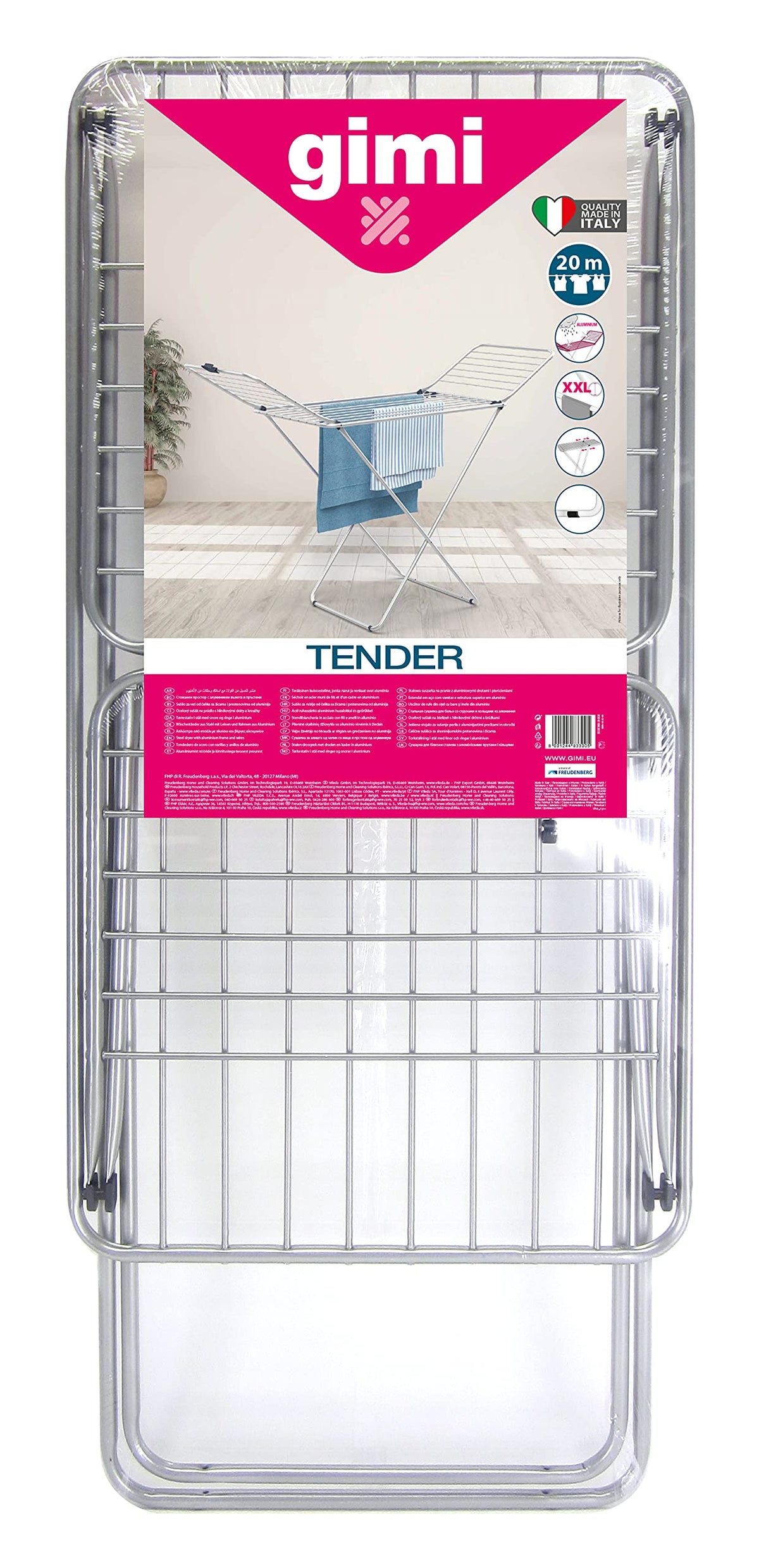 Gimi Tender Stendibiancheria da Pavimento in Alluminio e Acciaio, Stendino da 20 m, metallo, ripiegabile