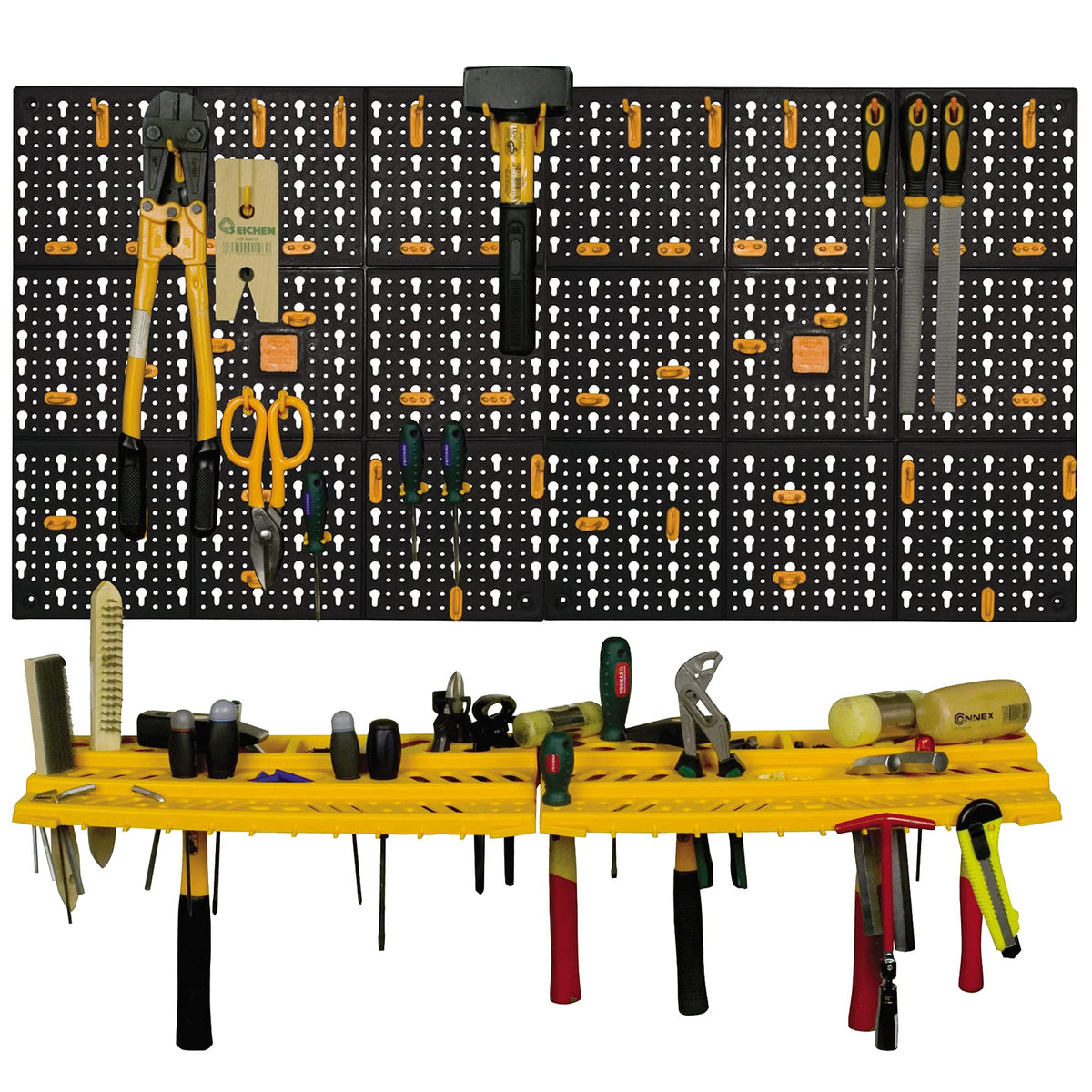 Art Plast Kit due pannelli per attrezzi 50x50 cm completi di due mensole e 50 ganci assortiti, in plastica, nero/arancione