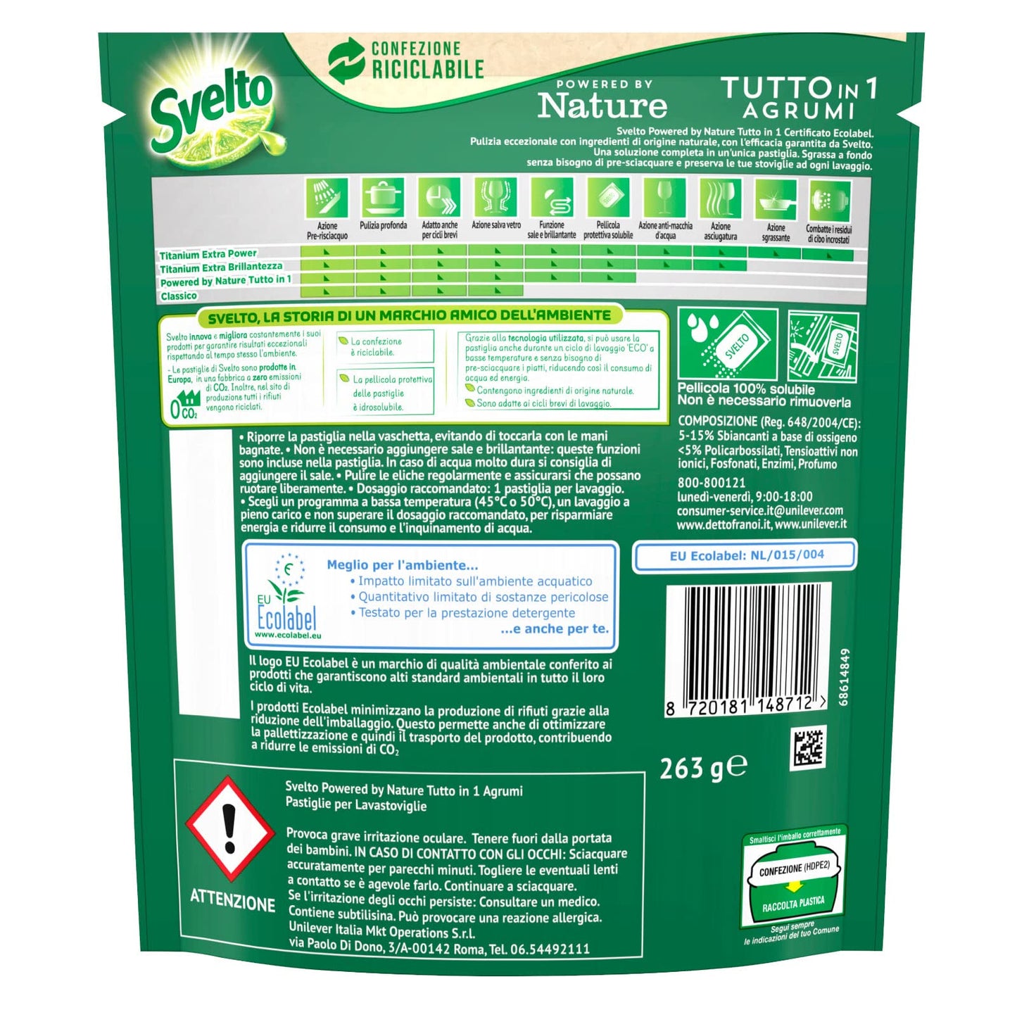 Svelto Powered By Nature Tutto in 1 Pastiglie Lavastoviglie Pulizia Eccezionale Profumo Agrumi Azione Sgrassante Idrosolubili con Ingredienti di Origine Naturale - 9 Confezioni da 15 Pastiglie