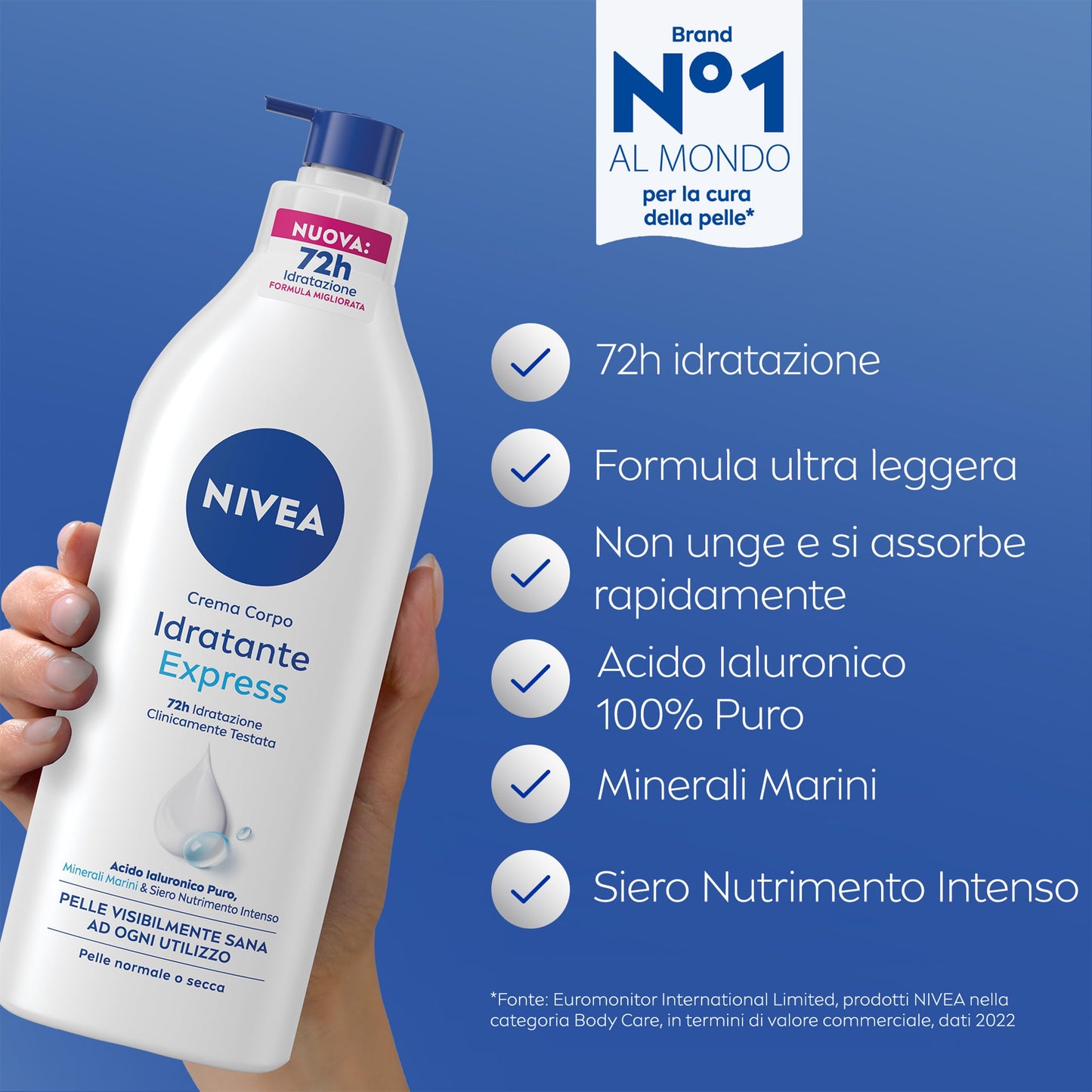 NIVEA Crema Corpo Idratante Express 500 ml, Crema idratante corpo 72h arricchita con Acido Ialuronico Puro, Minerali Marini e Siero Nutrimento Intenso, Crema corpo idratante pelle secca o normale