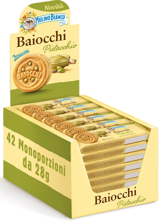 Mulino Bianco Biscotti Baiocchi al Pistacchio, Biscotti con Pistacchio e Pastafrolla Ideali per Colazione o Merenda, Senza Olio di Palma, Confezione da 42 Monoporzioni da 28g