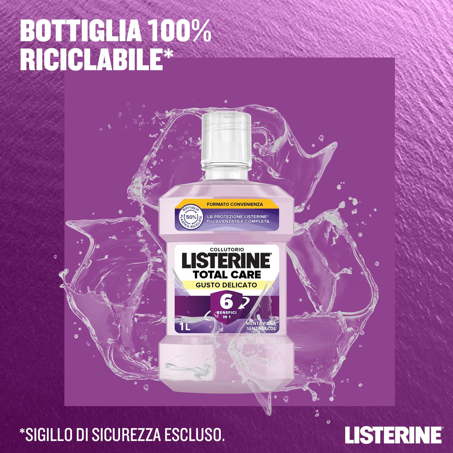 LISTERINE Collutorio, Total Care, Gusto Delicato, 6 Benefici in 1, Menta Delicata, Zero Alcol, Alito fresco - 2 x 1 L