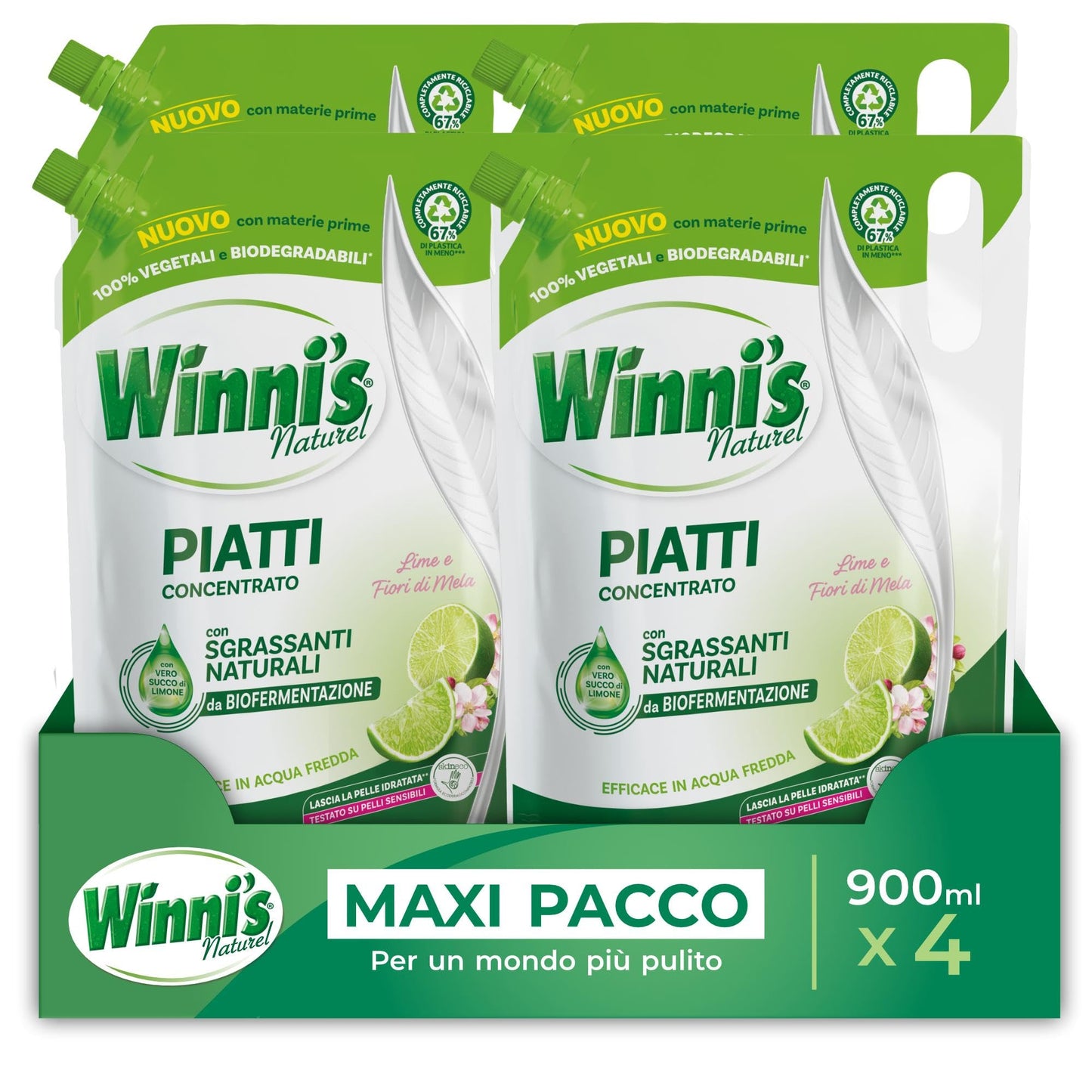 Winni's - Detersivo Piatti e Stoviglie a Mano, Lime e Fiori di Mela, Concentrato, Ipoallergenico, con Sgrassanti Naturali da Biofermentazione, Materie Prime di Origine Vegetale, 900 ml x 4 confezioni