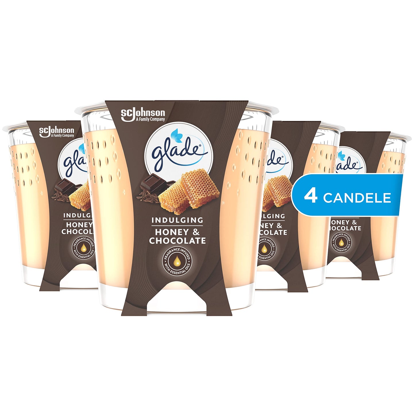 Glade Candela Profumata, Set da 4, con Oli Essenziali, Fragranze Honey & Chocolate, 4x129gr