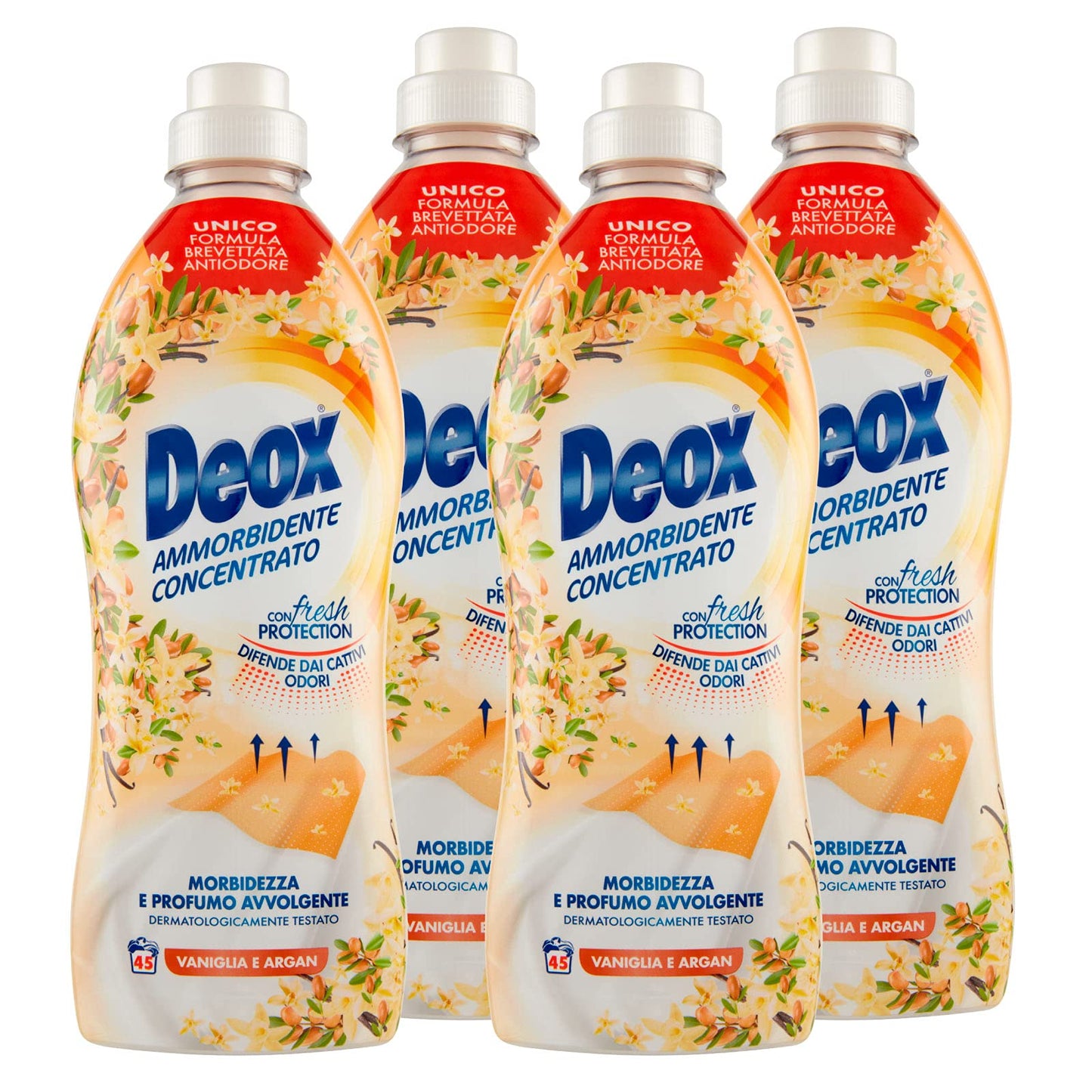 Deox - Ammorbidente Lavatrice Concentrato, Capi Morbidi e Profumati, con Tecnologia Fresh Protection, Fragranza Vaniglia e Argan, 45 Lavaggi x 4 Confezioni