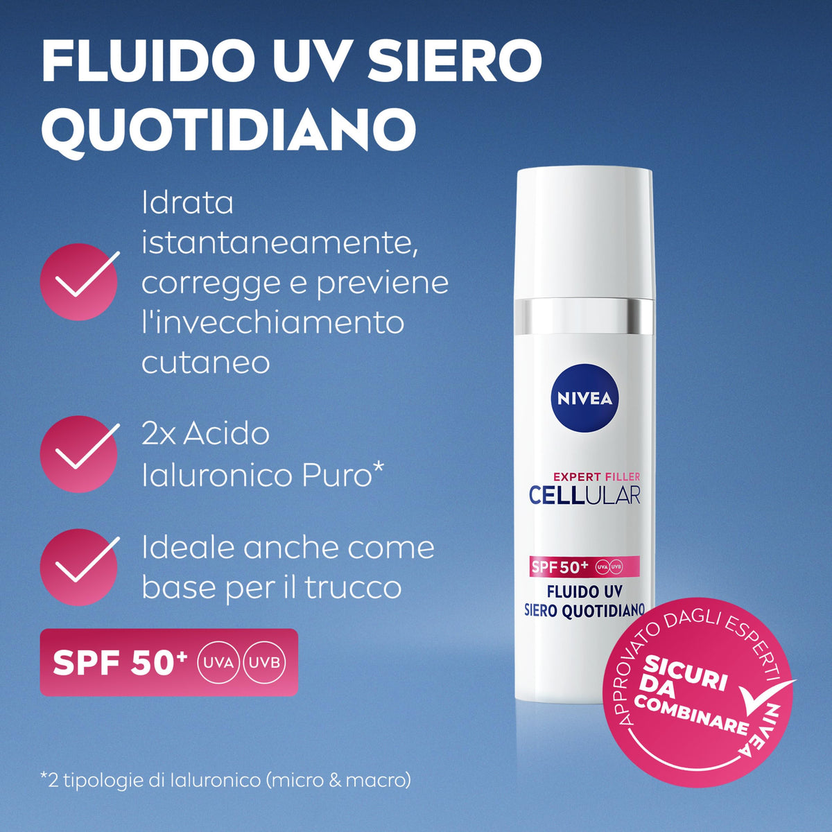 NIVEA Cellular Expert Filler Fluido UV Siero Viso Quotidiano SPF 50 + 30 ml, Siero viso Acido Ialuronico idratante e antirughe, Face serum con SPF50+ contro i segni dell'invecchiamento cutaneo