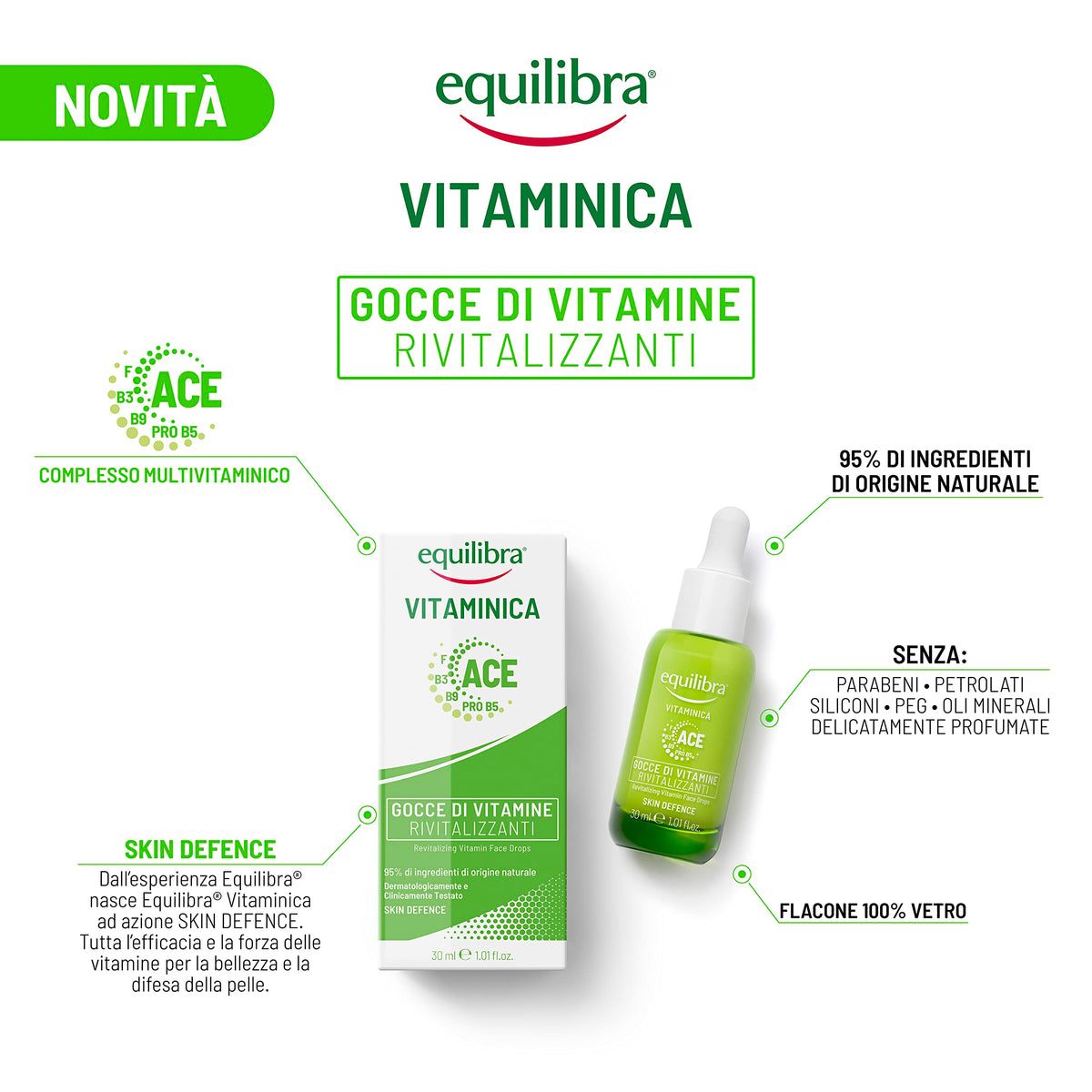 Equilibra Viso, Vitaminica, Gocce di Vitamine Rivitalizzanti, Siero Viso con Complesso Multivitaminico, Oli di Oenothera e Oliva, Yuzu, Dona Tono ed Elasticità, 30 ml