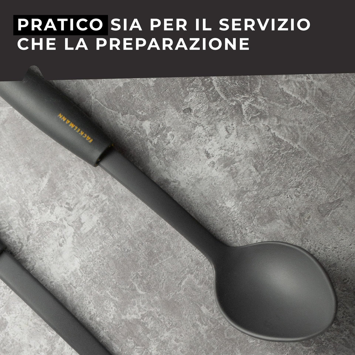 Fackelmann Collection Cucchiaio in Nylon, Manico Soft Touch (Colore: Arancio/Grigio), quantità: 1 Pezzo, Nero