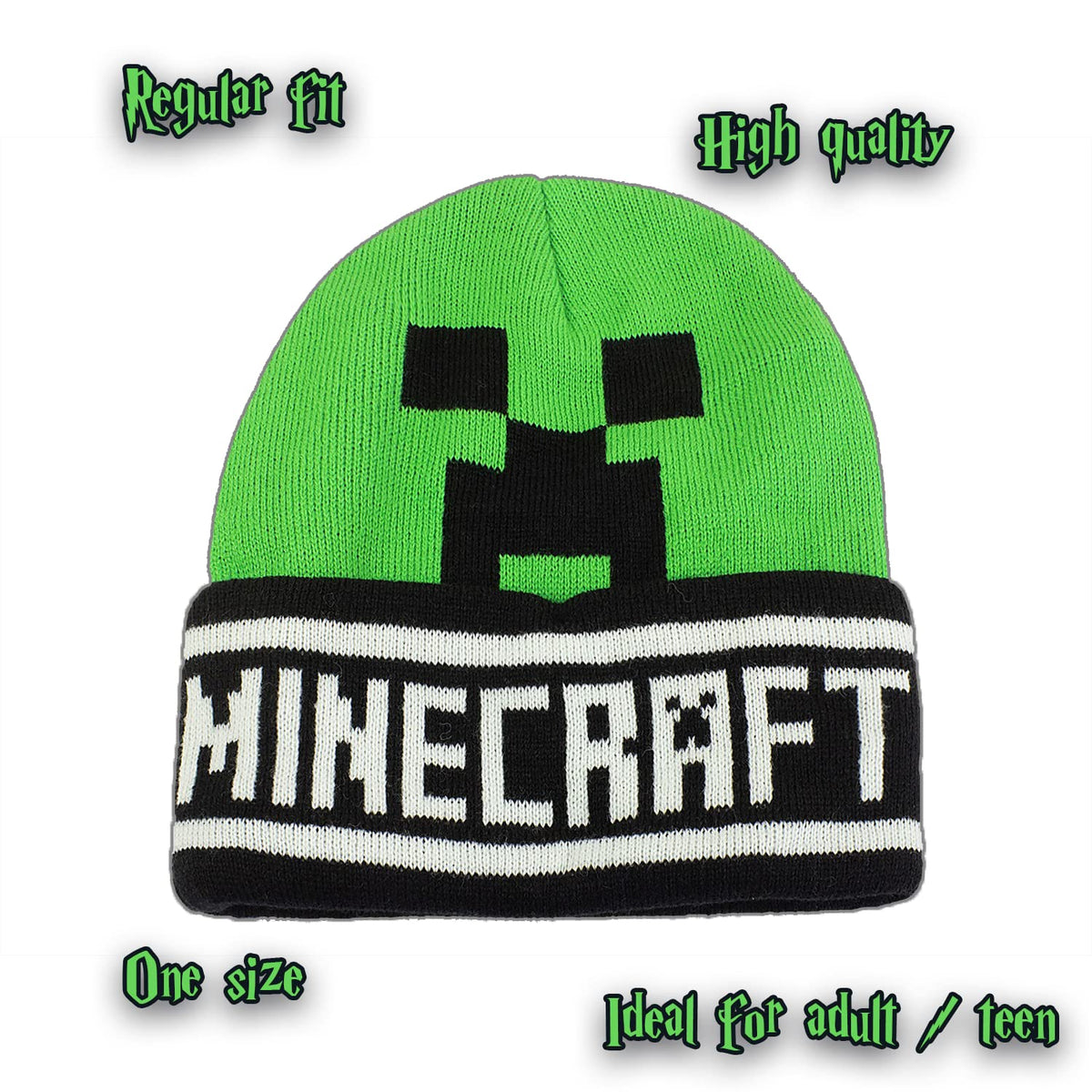 Fashion UK Berretto Minecraft Creeper Modello Verde Logo e Scritta. Acrilico. Taglia Unica per Adulti Ragazzi. Ufficiale.