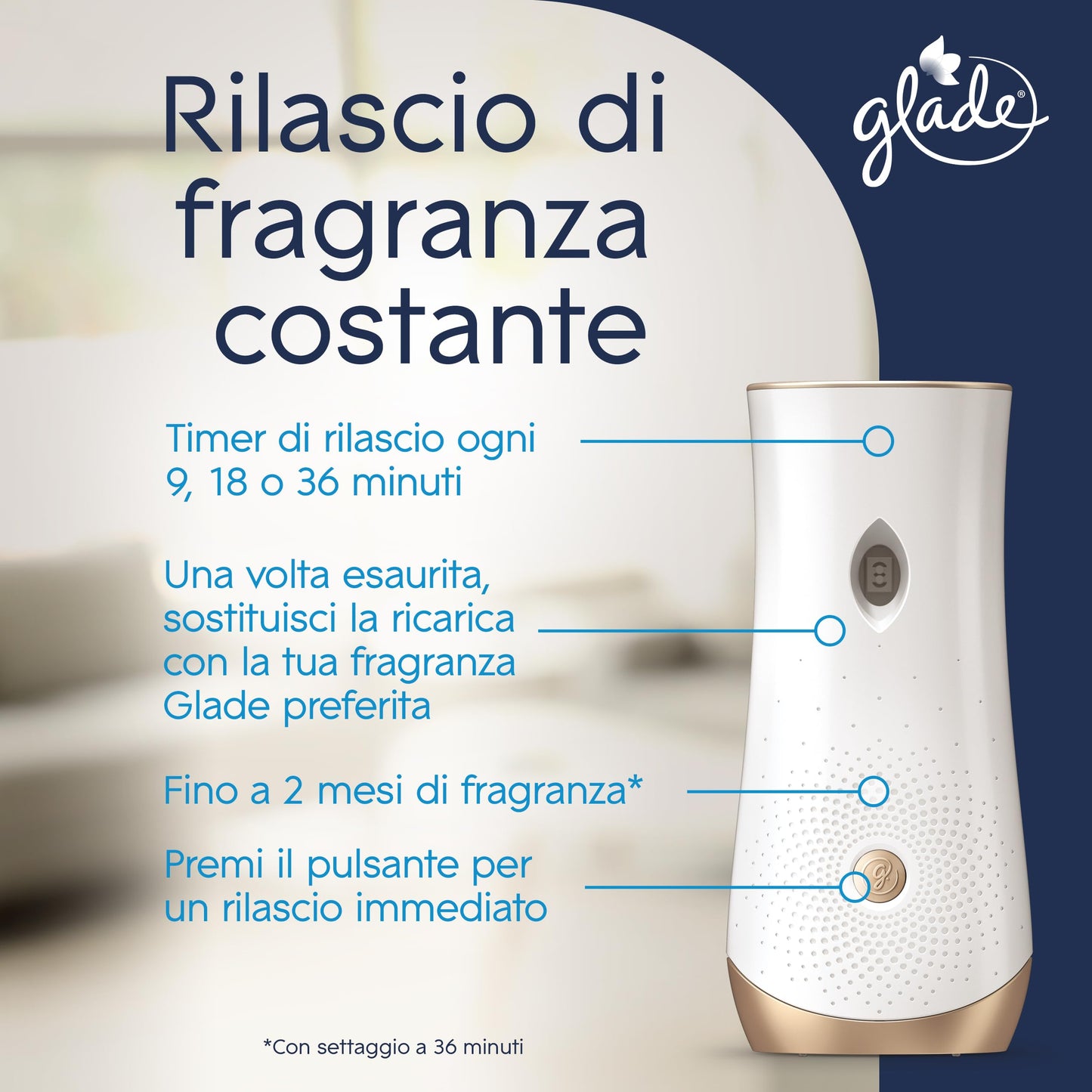 Glade Automatic Spray Ricarica, Profumatore per Ambienti, Fragranza Refreshing Air, Combatte gli odori degli animali domestici, 4 Ricariche da 269 ml