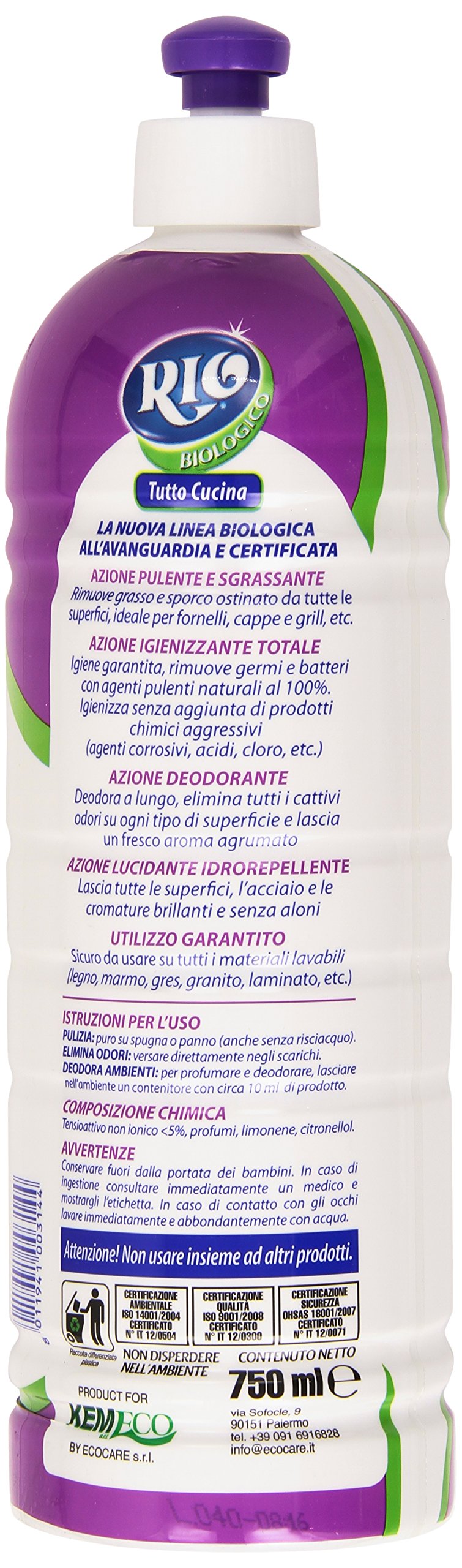Rio - Tutto Cucina, Igienizzante, Sgrassante, Lucidante, Deodorante, Profumo Verdello - 3 pezzi da 750 ml [2250 ml]