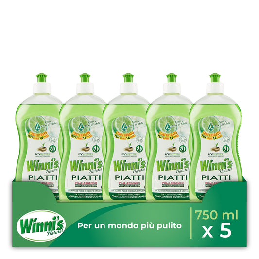 Winni's - Detersivo Piatti e Stoviglie a Mano in Ecoformato, Ipoallergenico, Formula Concentrata, Fragranza Lime e Fiori di Mela, Materie Prime di Origine Vegetale, 750 ml x 5 Confezioni